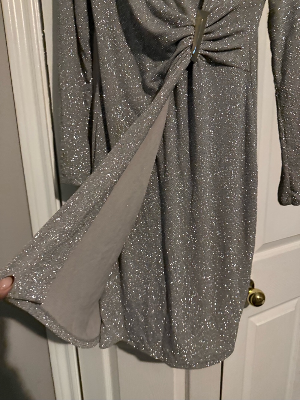 Calvin Klein Silver Glitter Long-Sleeve Ruched Wrap Dress - Picture 5 of 8